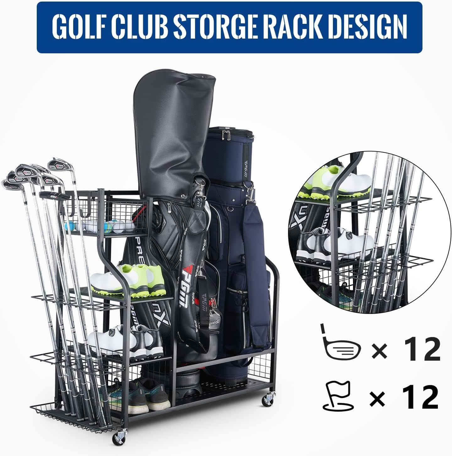 Golf Storage Garage Organizer, Golf Bag Storage Stand and Other Golfing Equipment Rack, Extra Storage Rack for Golf Clubs
