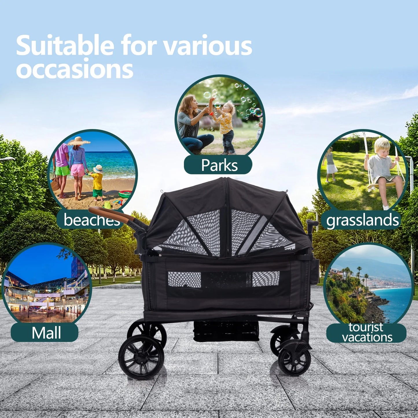 Wagon Stroller for 2 Kids &Toddler with 5-Point Harness,Adjustable Handle Bar and Canopy,Tray Table