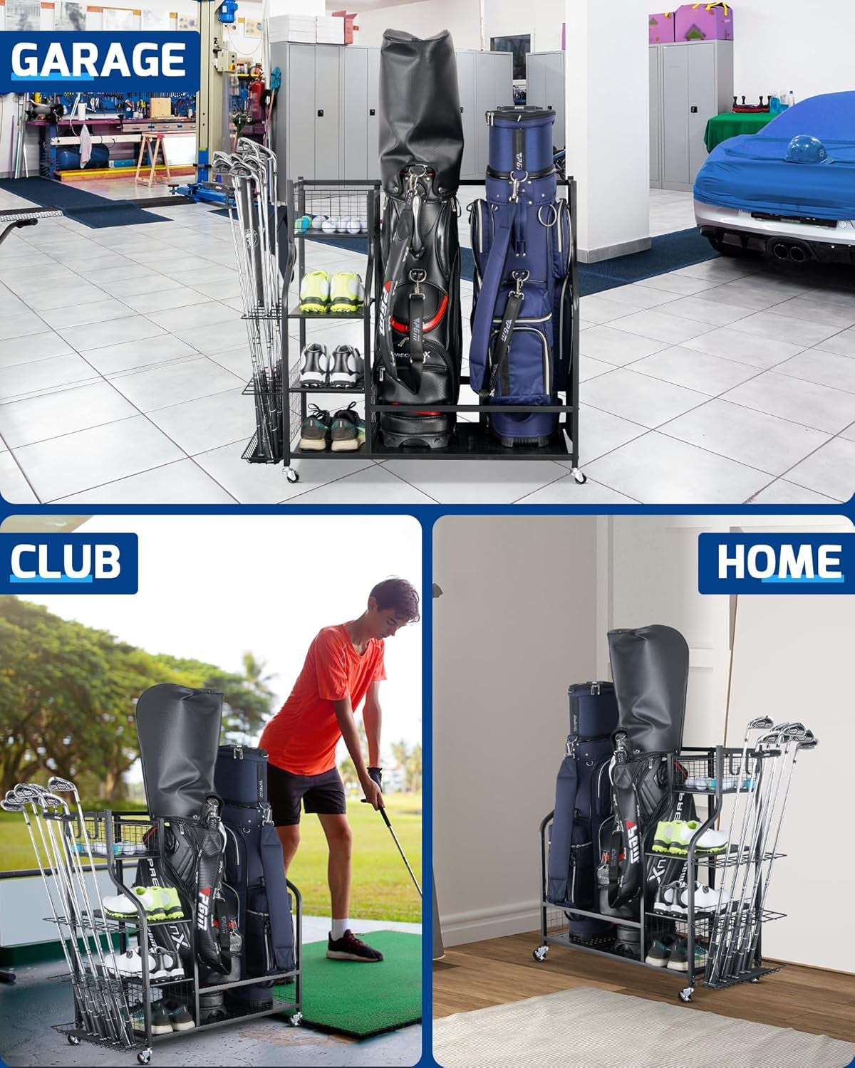 Golf Storage Garage Organizer, Golf Bag Storage Stand and Other Golfing Equipment Rack, Extra Storage Rack for Golf Clubs