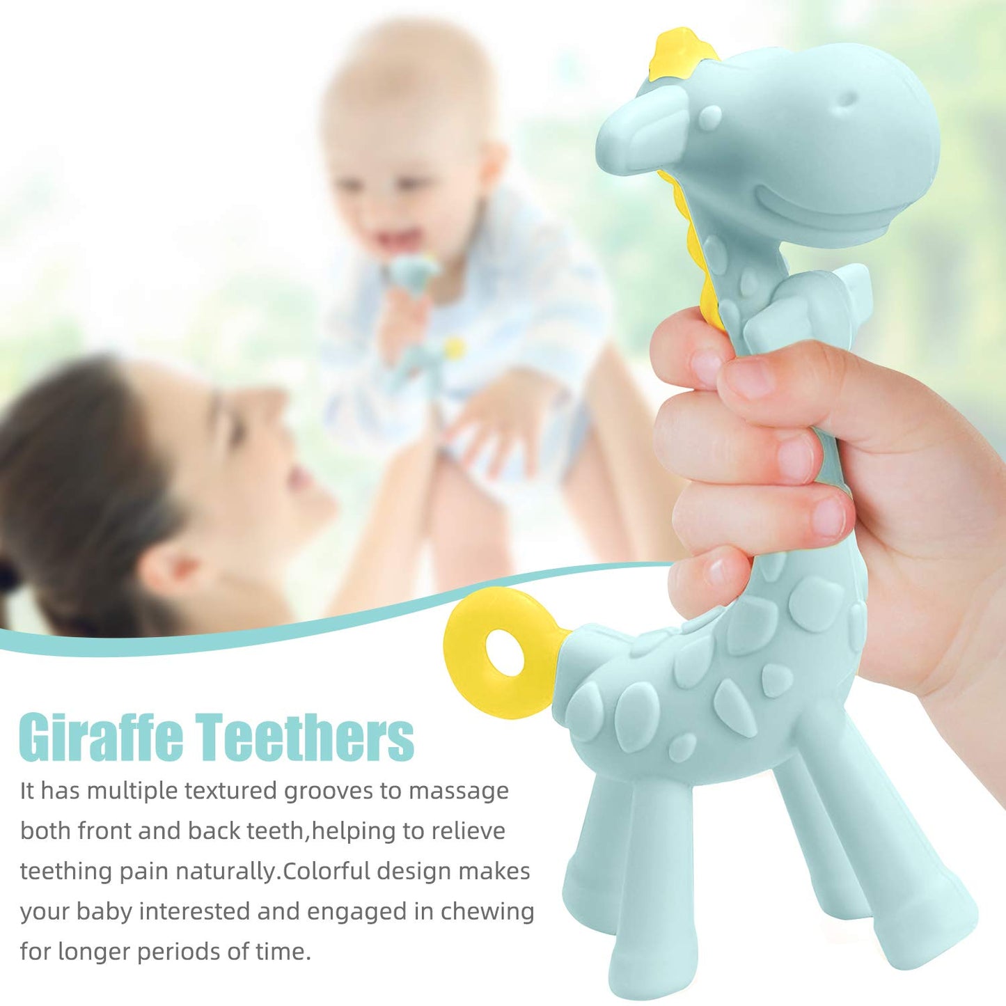 BPA Free Silicone Giraffe Baby Teether Toy with Storage Case, for 3 Months above Infant Sore Gums Pain Relief and Baby Shower, Baby Teething Toys (Blue)