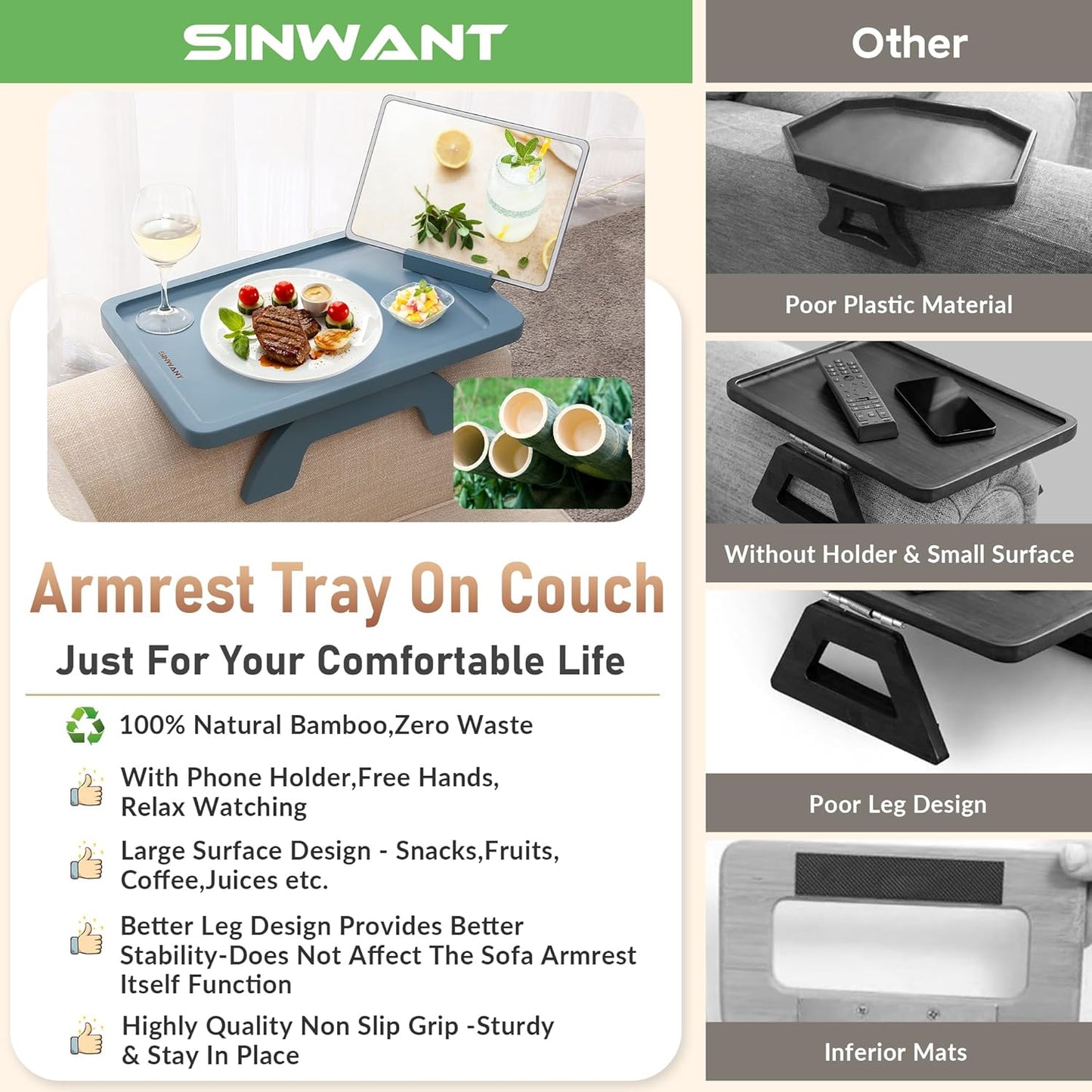 SINWNAT Couch Arm Table, Bamboo Sofa Clip on Tray Tables,Sofa Armrest Tray with 360° Phone Holder,Couch Armrest Table for Eating and Drinking