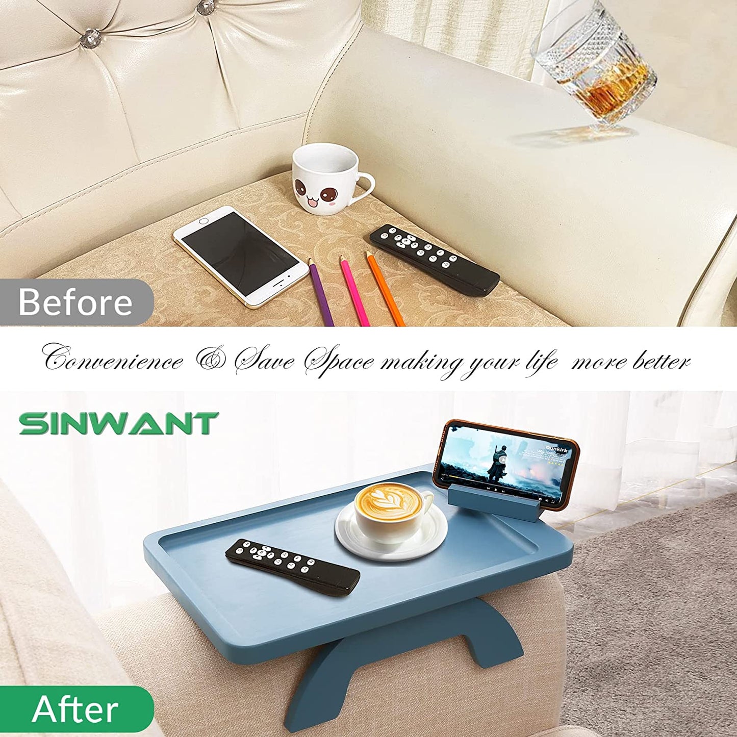 SINWNAT Couch Arm Table, Bamboo Sofa Clip on Tray Tables,Sofa Armrest Tray with 360° Phone Holder,Couch Armrest Table for Eating and Drinking