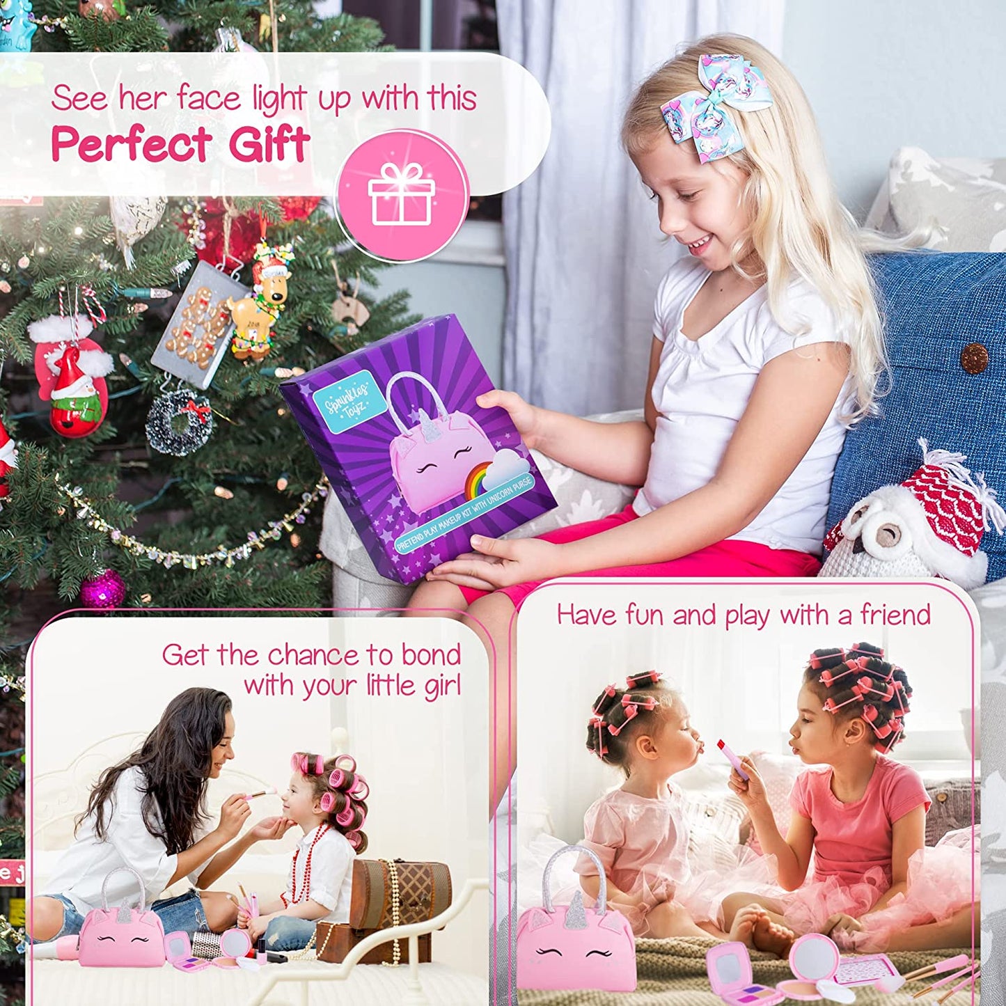 Pretend Play Makeup Kit for Little Girls with Unicorn Purse: Fake (Not Real) Make up Toy Set for Toddlers and Kids - Includes Hair and Nails Accessories, Baby Toys Gift
