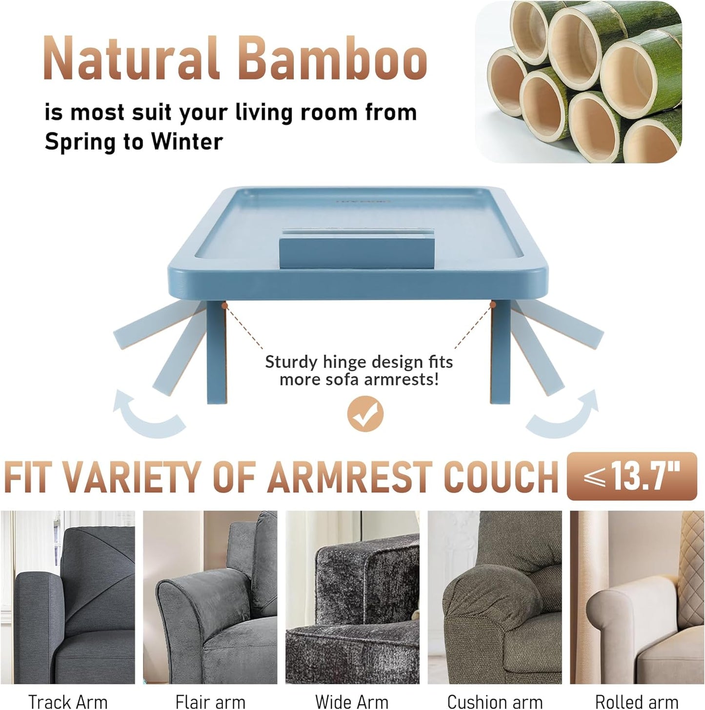 SINWNAT Couch Arm Table, Bamboo Sofa Clip on Tray Tables,Sofa Armrest Tray with 360° Phone Holder,Couch Armrest Table for Eating and Drinking