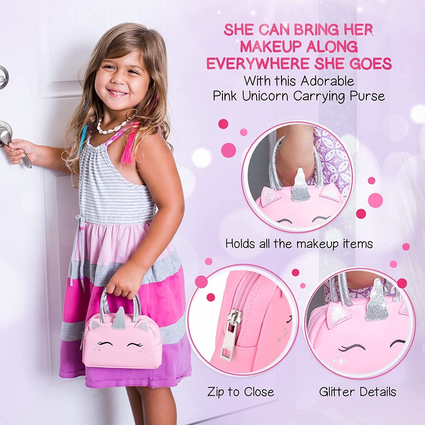 Pretend Play Makeup Kit for Little Girls with Unicorn Purse: Fake (Not Real) Make up Toy Set for Toddlers and Kids - Includes Hair and Nails Accessories, Baby Toys Gift