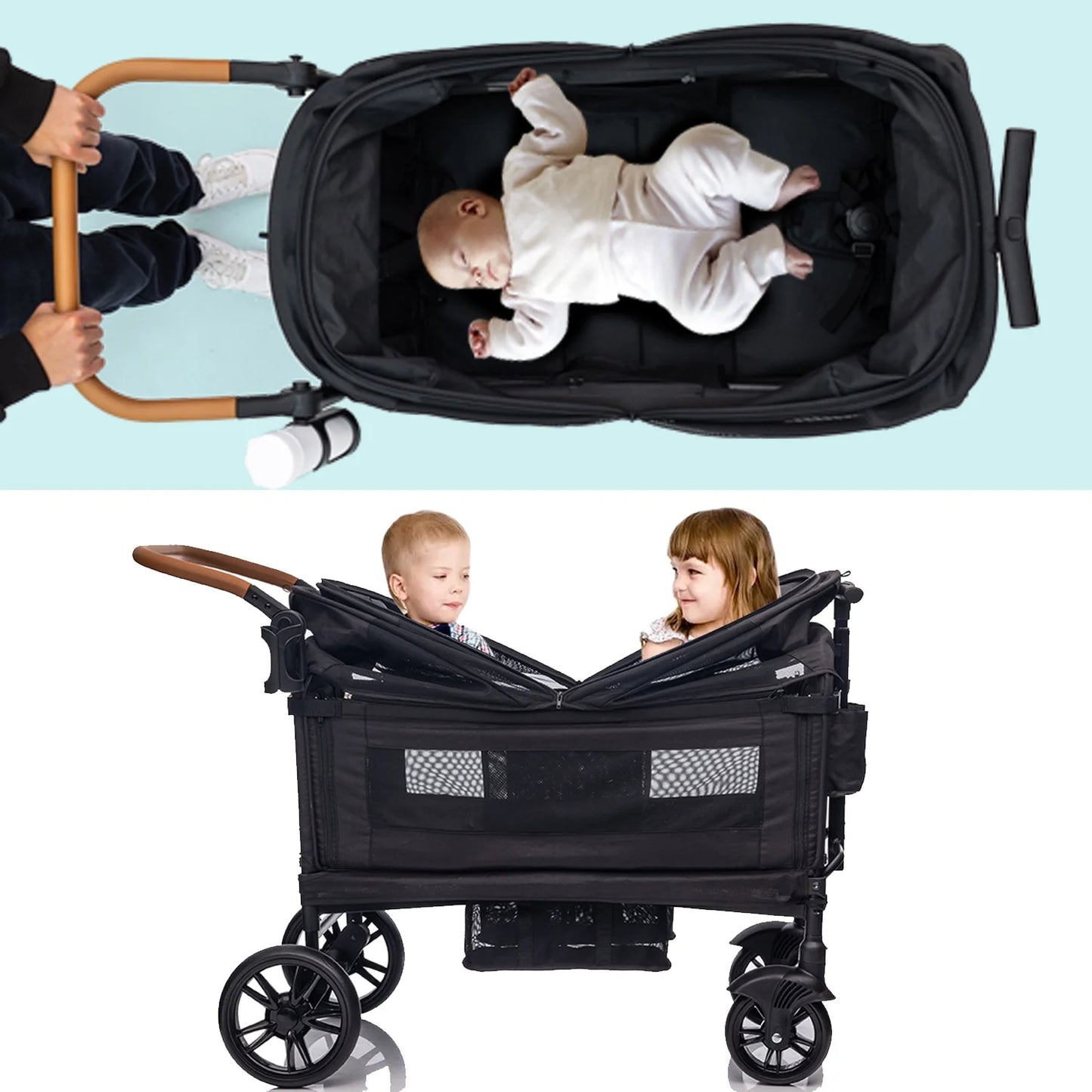 Wagon Stroller for 2 Kids &Toddler with 5-Point Harness,Adjustable Handle Bar and Canopy,Tray Table