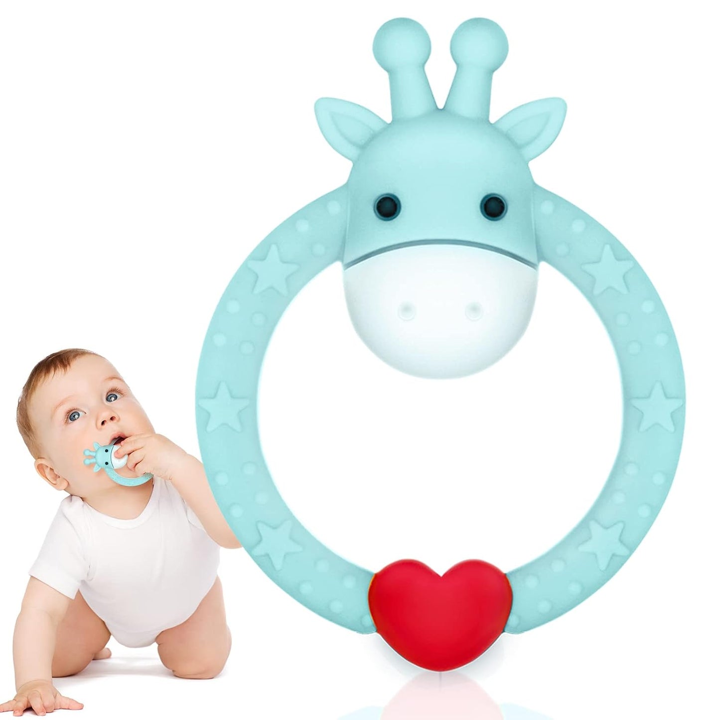 BPA Free Silicone Giraffe Baby Teether Toy with Storage Case, for 3 Months above Infant Sore Gums Pain Relief and Baby Shower, Baby Teething Toys (Blue)