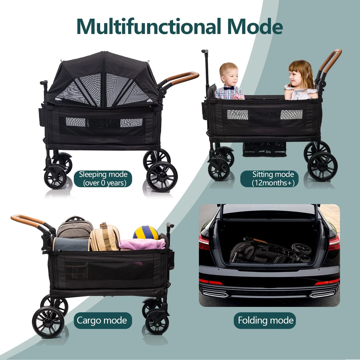 Wagon Stroller for 2 Kids &Toddler with 5-Point Harness,Adjustable Handle Bar and Canopy,Tray Table