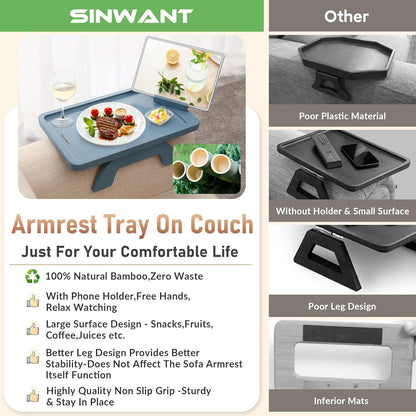 SINWNAT Couch Arm Table, Bamboo Sofa Clip on Tray Tables,Sofa Armrest Tray with 360° Phone Holder,Couch Armrest Table for Eating and Drinking