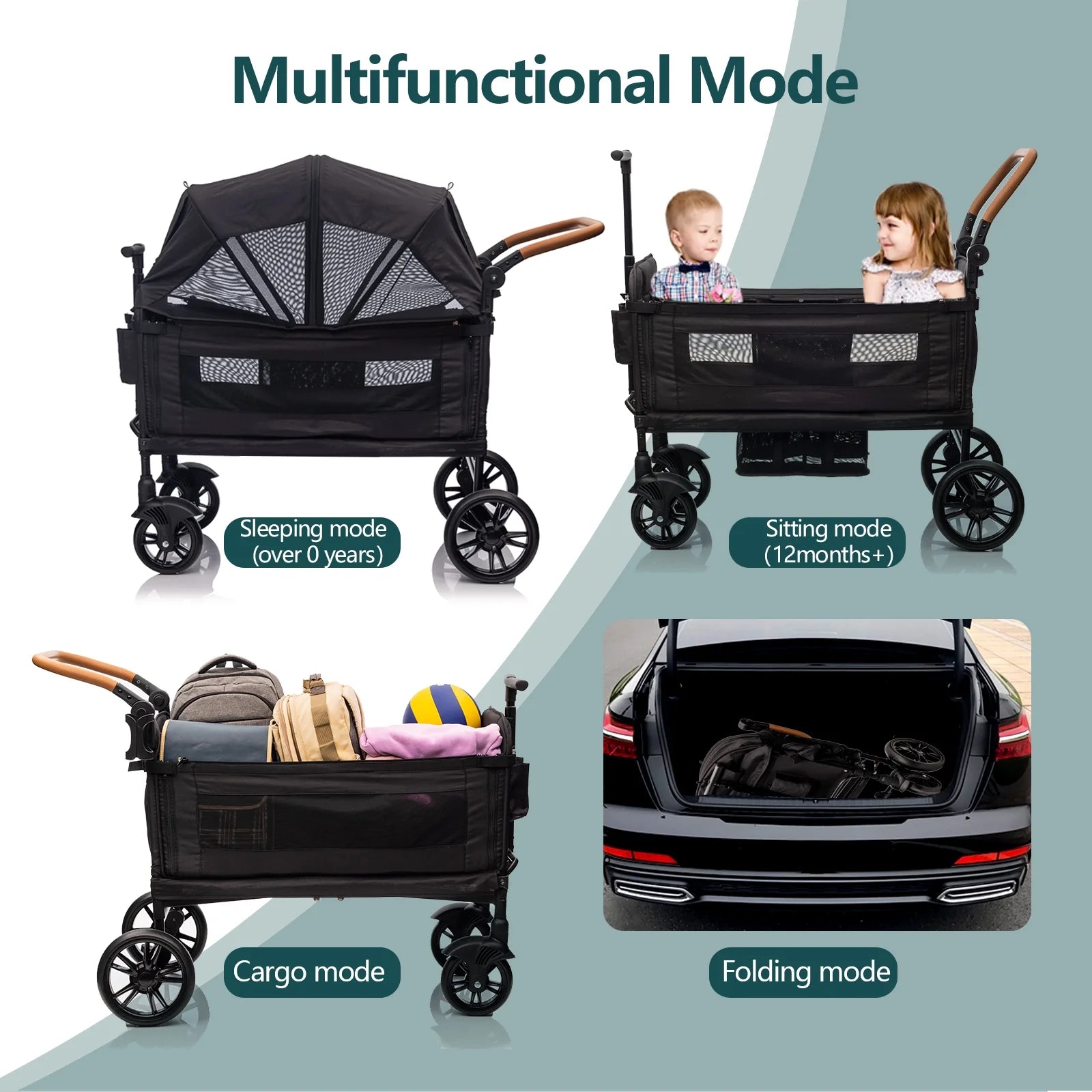 Wagon Stroller for 2 Kids &Toddler with 5-Point Harness,Adjustable Handle Bar and Canopy,Tray Table