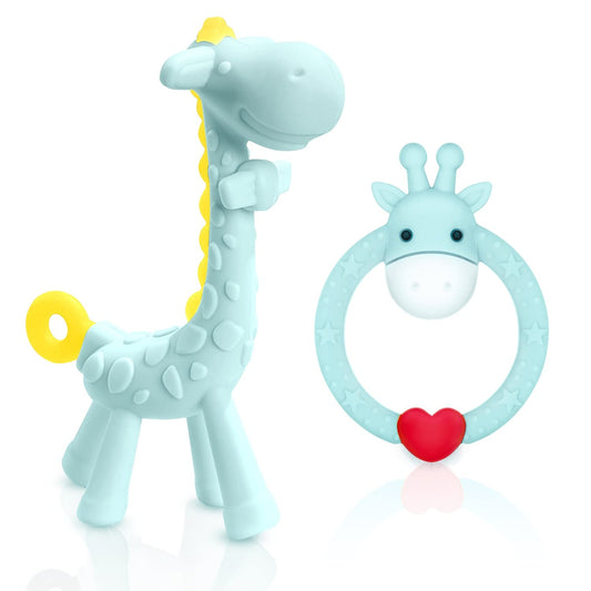 BPA Free Silicone Giraffe Baby Teether Toy with Storage Case, for 3 Months above Infant Sore Gums Pain Relief and Baby Shower, Baby Teething Toys (Blue)